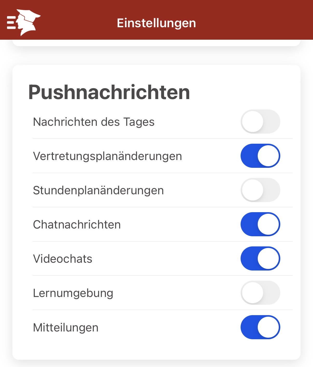 Screenshot der Schulportal App - Einstellungen für Push-Nachrichten